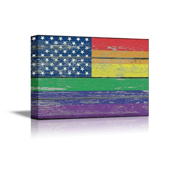 wall26 - Canvas Prints Wall Art - Pride Rainbow USA Flag Gay Pride Flag/LGBT Pride Flag on Vintage Wood Board - 12" x 18"