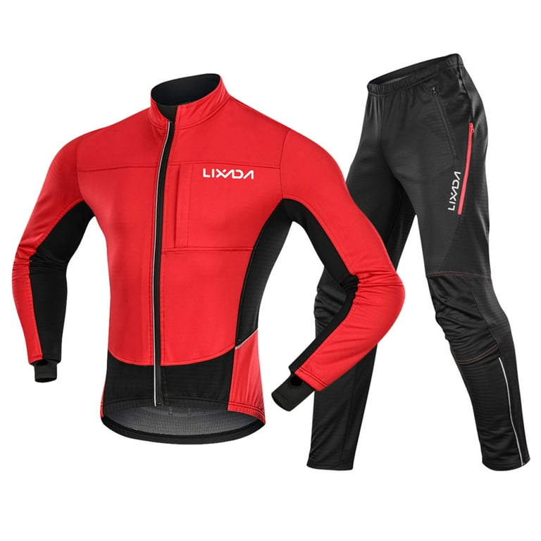 Lixada Men Cycling Clothing Set Waterproof Windproof Thermal Fleece Long  Sleeve Bicycle Jacket Jersey with Pants