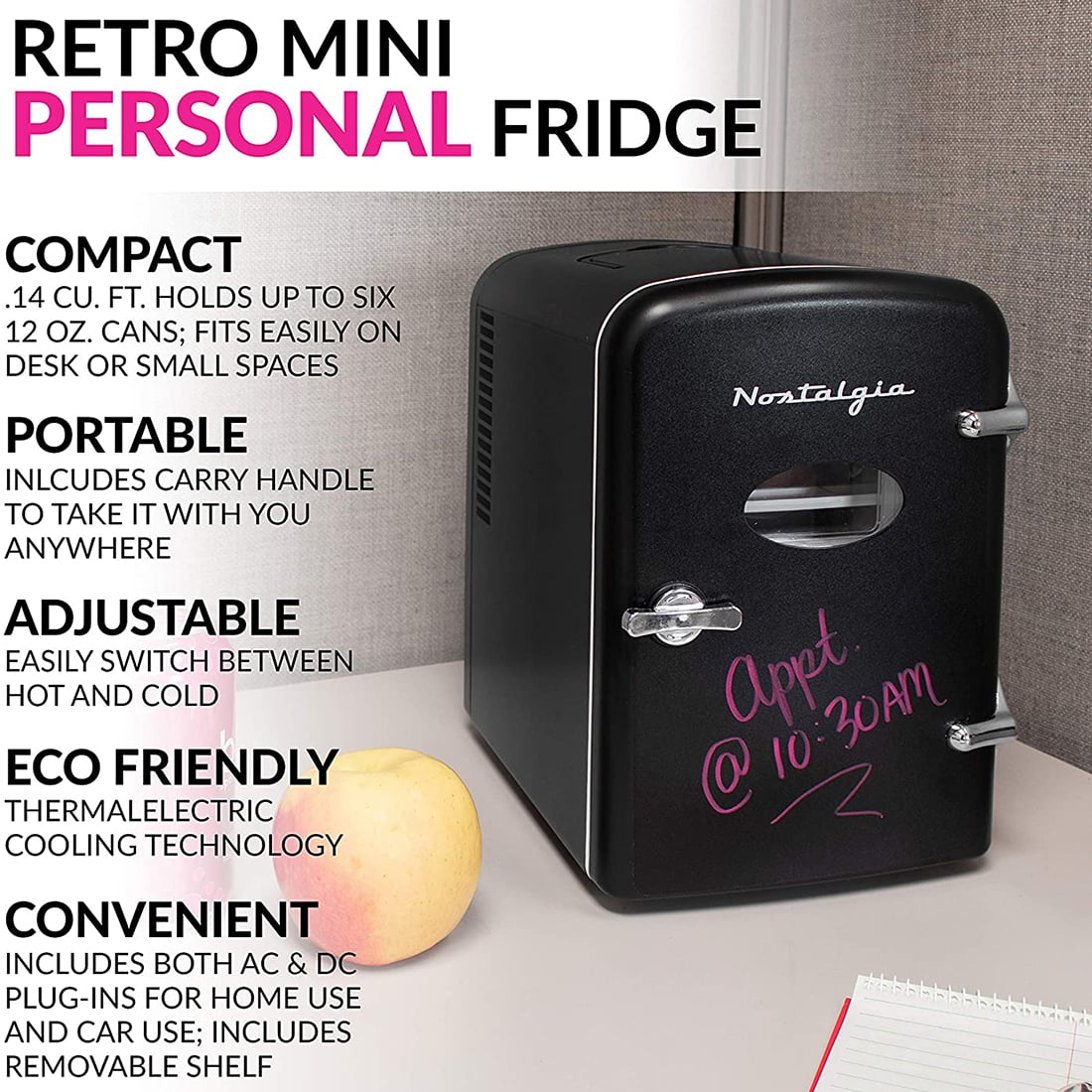 Nostalgia RF6RRBK Retro Dry Erase 6 Can Refrigerator w/ Carry Handle and Heating