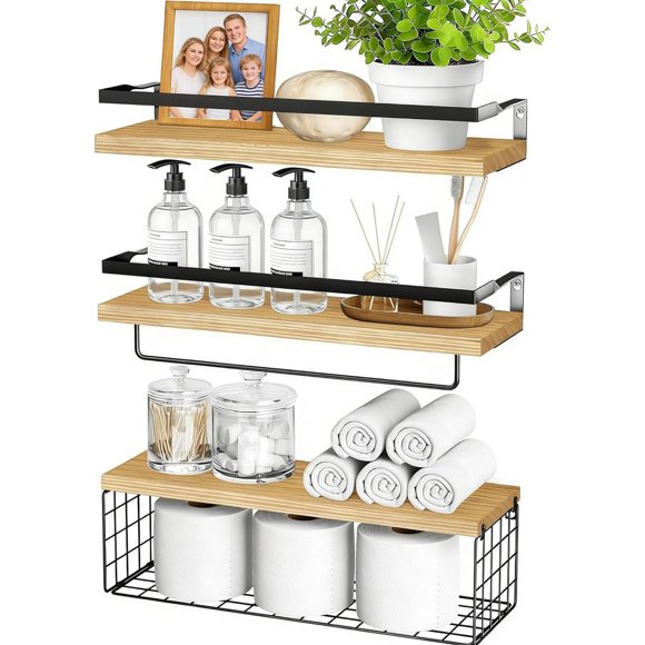 Pack of 3 Bathroom Shelves Wall Mounted Floating Shelf Over Toilet with Towel Holder & Metal guardrails & Storage Basket for Toilet Paper R