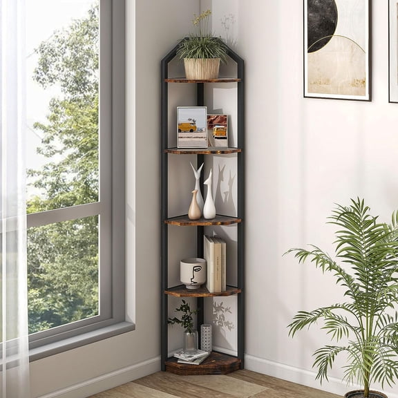 5 Tier Corner Shelf, 70” Corner Shelf Stand, Corner Bookshelf Plant Stand, Storage Shelf for Bathroom, Living Room, Kitchen, Home Office, Brown