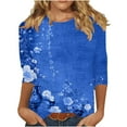 thumbnail image 5 of LYEAA Women Casual 3/4 Sleeve T-Shirt Floral Print Round Neck Loose Fit Summer Top Breathable Cotton Comfortable Daily Wear Blouse for Outdoor Activities Blue XXXXL, 5 of 5