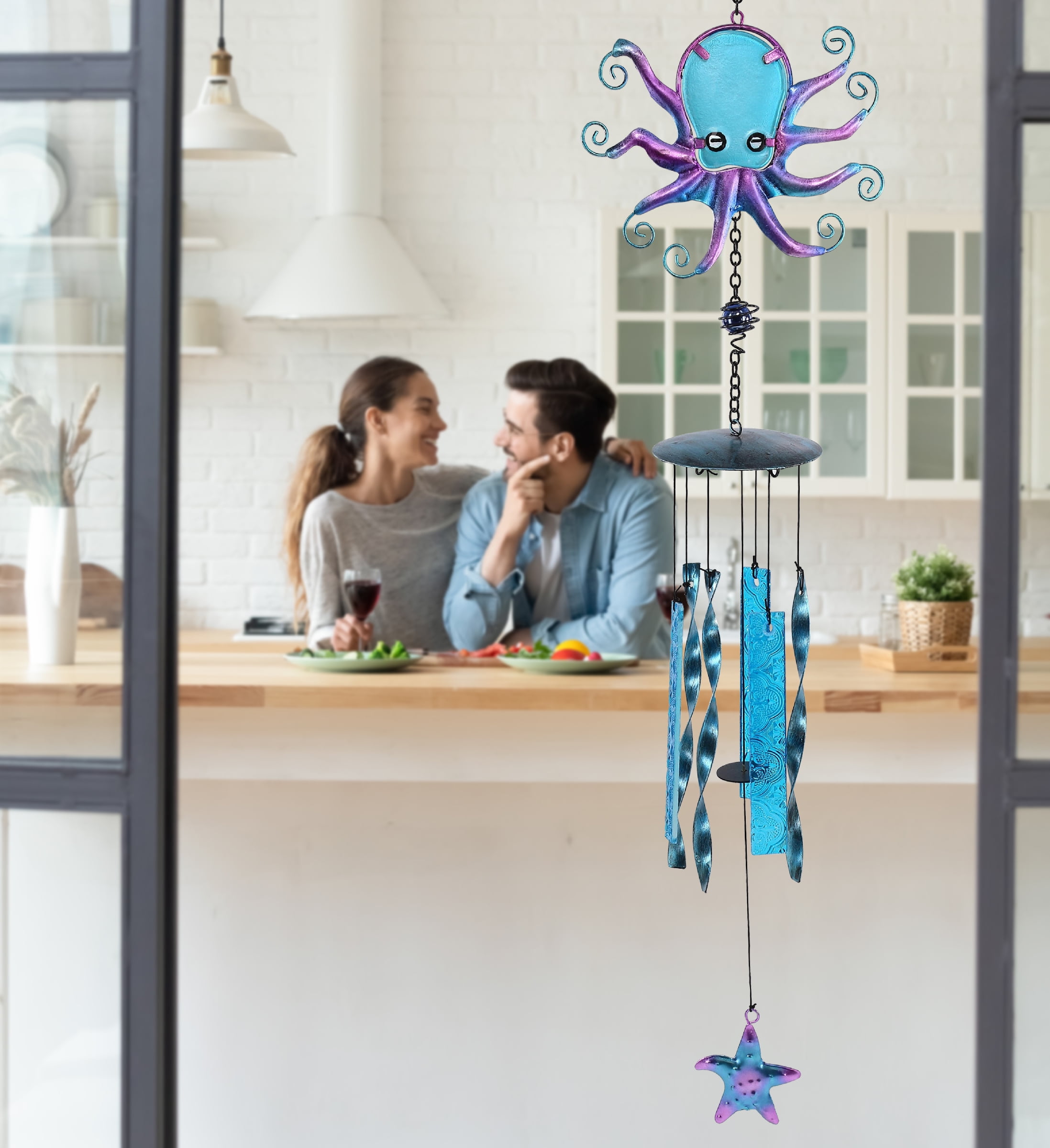 CoTa Global Octopus Wind Chime - Handmade Glass and Metal Chime - Ocean Life Hanging Decor - Colorful Home Decor Gift, Indoor and Outdoor Hanging Decoration for Porch, Patio and Garden – 27.5 Inches