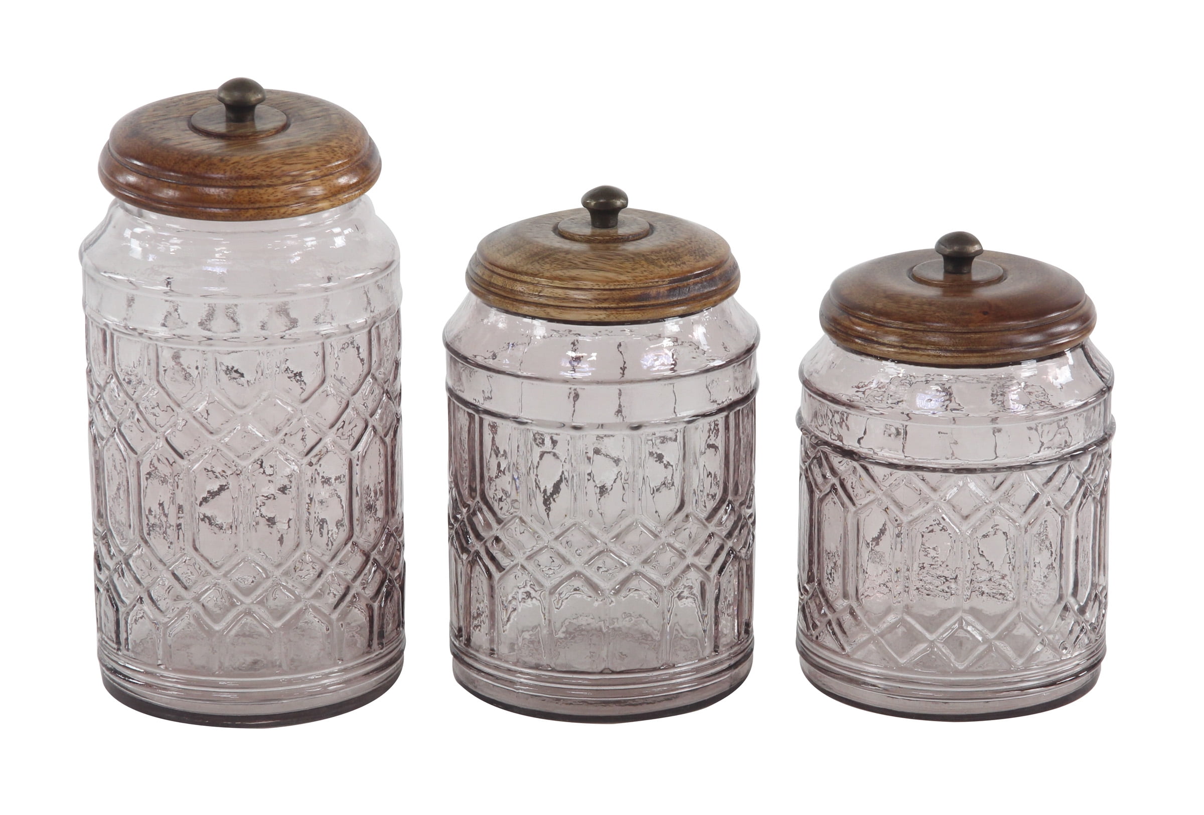Decmode Large, Round Gray Smoked Glass Jars w/ Wood Lids & Trellis