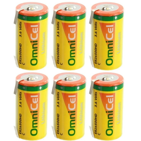 6x OmniCel ER26500HD 3.6V 6.5Ah Sz C Lithium Battery Tabs Sensors Detectors