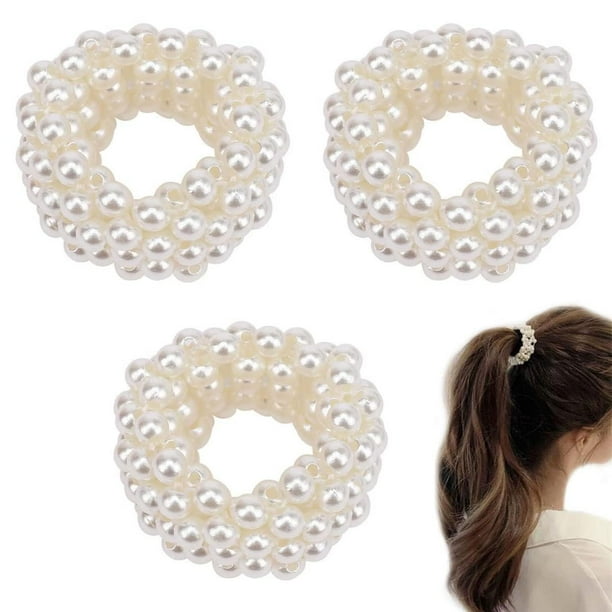 3 Piezas Diademas de Perlas Blancas para Mujeres Niñas Banda Elástica de Cuentas de Perlas Diademas Elásticas para el Cabello de Perlas Corbatas para Mujeres Titular de Cola de Caballo y Belleza y Cui