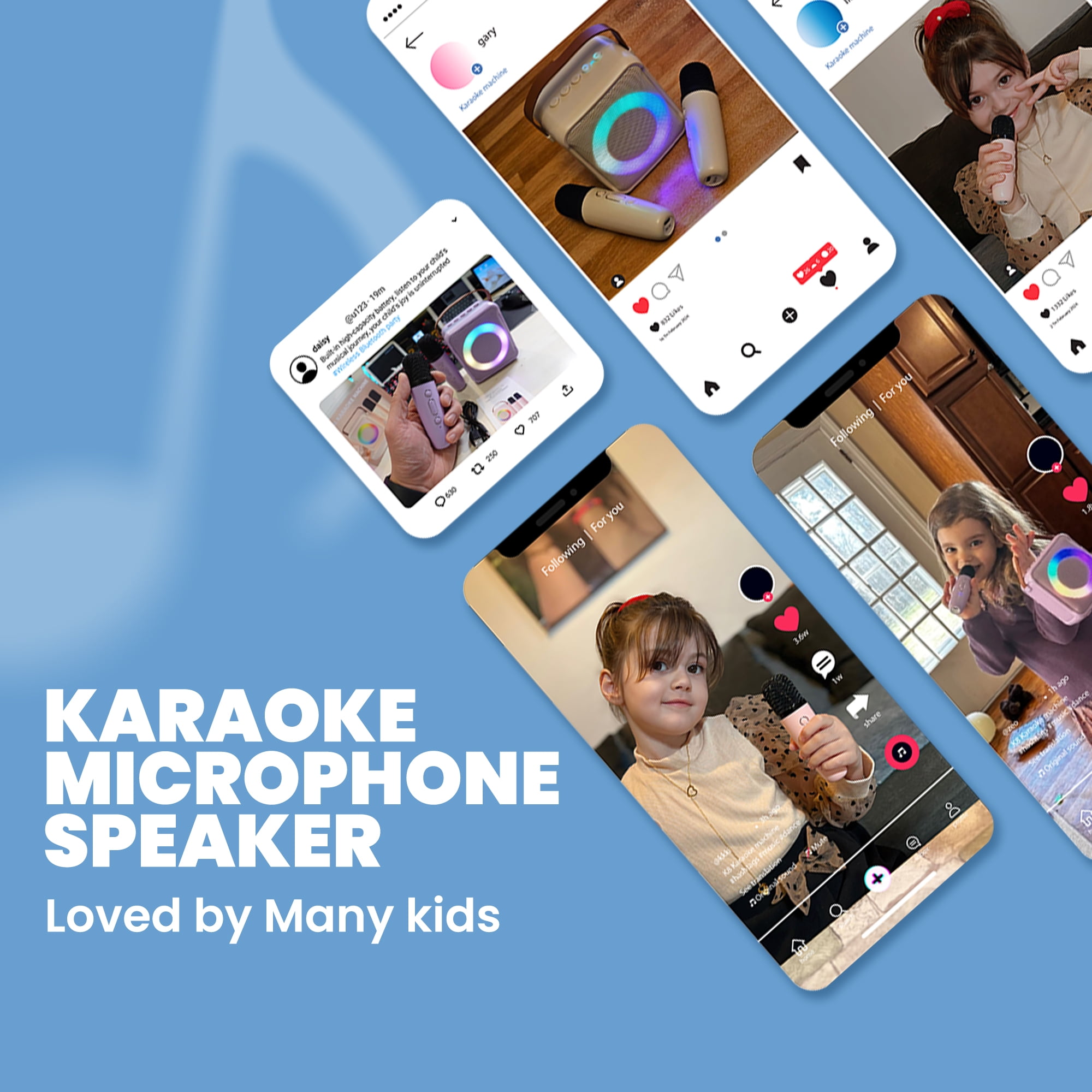 BONAOK Mini Karaoke Machine for Kids, Portable Bluetooth Speaker with 2 Wireless Microphones, Girls Gifts for Christmas Home Party, Blue