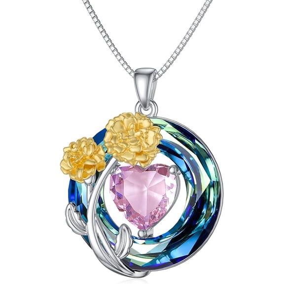 Birthstone Necklace for Women 925 Sterling Silver Birth Month Flower Pendant Necklace with Blue Circle Crystal Birthday Christmas Anniversary Jewelry Gifts for Mom Her Wife