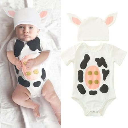 

QISIWOLE Infant Baby Boy Girl Short Sleeve Cartoon Dairy Cow Printed Romper Bodysuit+Hat Newborn Kids Jumpsuit Outfits Cute Clothes Set summer savings