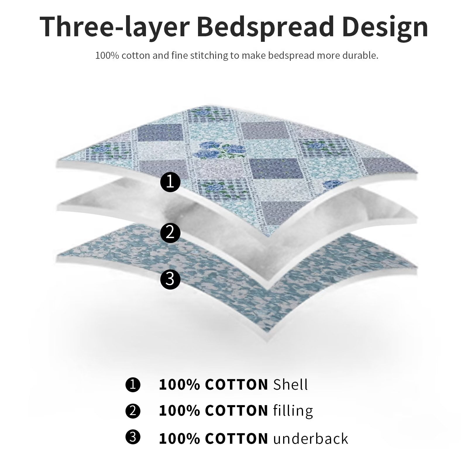 DDUOXIN California Queen Quilt Bedspread Set, 100% Cotton Blue Plaid Floral Reversible Oversized Queen Size Quilt Bedspread, Lightweight Farmhouse 3-Piece Spring Quilt for Queen Bed - 120"x102"
