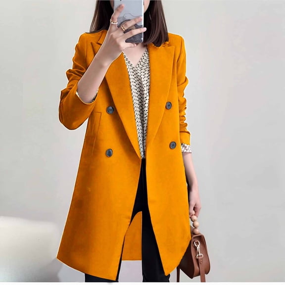 YueHuiYing Women Fashionable Casual Turndown Collar Long-sleeved Solid Top Coat Button Midi Long Turndown Collar Coat