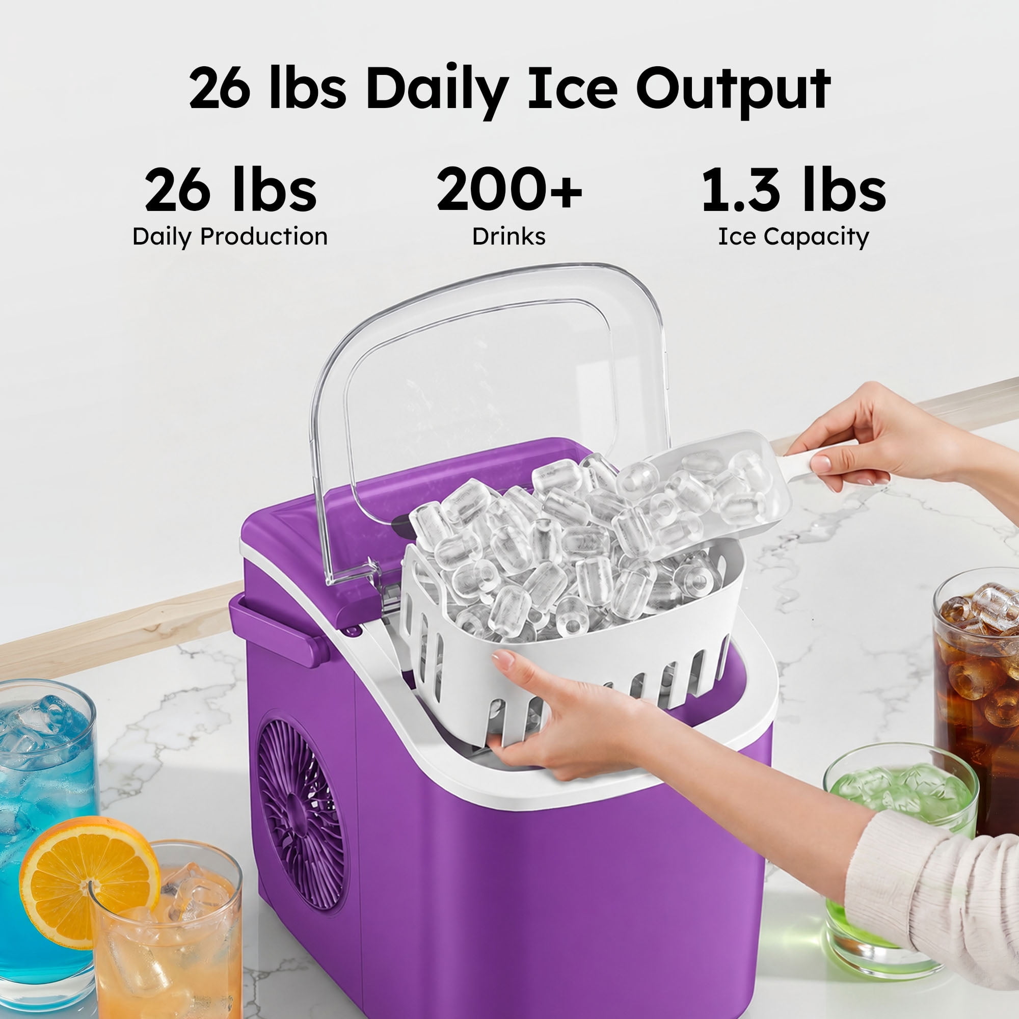 Simzlife Portable Ice Maker Countertop, 26 lbs/24H, 9 Bullet-Shaped Ice in 6 Min, Self-Cleaning Portable Ice Maker for Kitchen, Home, Office, RV, Purple