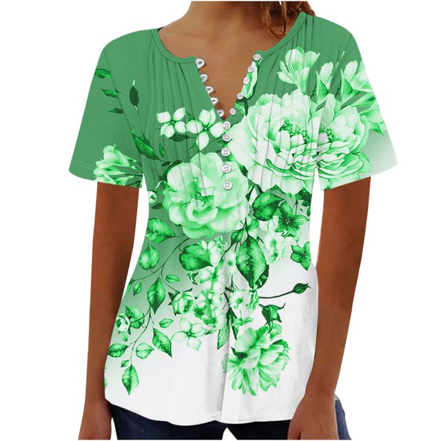 Tops de Algodón para las Mujeres Impreso en V-Cuello Botón Arriba Manga Corta Superior, Imitación Algodón Casual Blusa