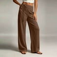 thumbnail image 5 of Costeam Womens Linen Feel Wide Leg Pants Double Layer Fold Over Drawstring High Waist Full Length Lightweight Wrinkle Friendly Loose Straight Casual Vacation Trousers, 5 of 7