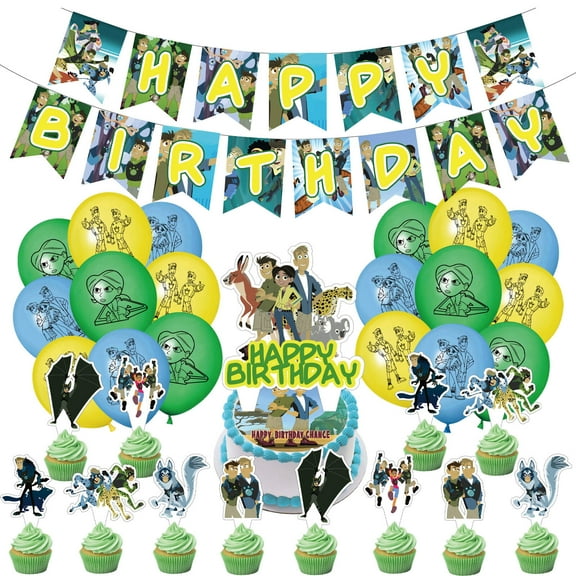 32-Piece For Wild Cartoon-Themed For Kratts Party Decoration Set – Includes Banner, Cake Topper, 12 Cupcake Toppers, and 18 Balloons for Festive Celebrations