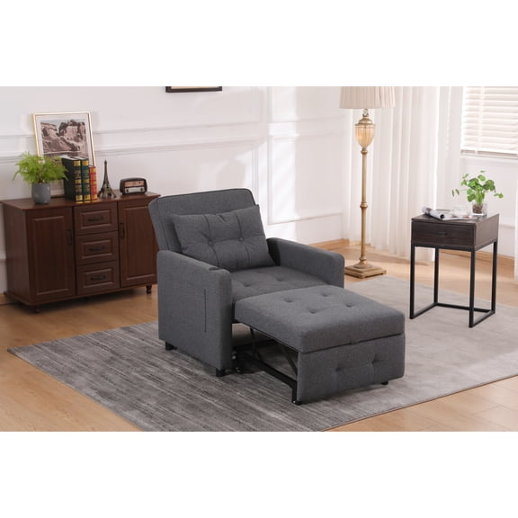 Miekor Furniture Sleeper Chair 3-in-1 Convertible Chair Bed Pull Out Sleeper Chair Beds Adjustable Single Armchair Sofa Bed with USB Ports, Side Pocket, Linen Grey MK7152