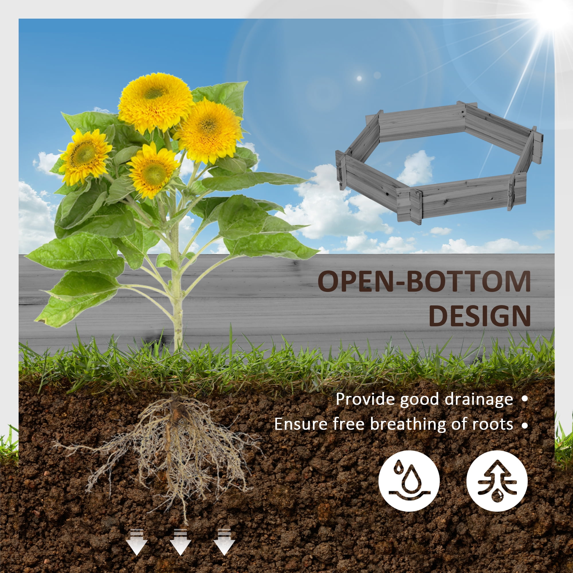 Wooden Raised Garden Bed, Hexagon Screwless Planters for Outdoor Plants, Vegetables, Flowers, Herbs, 39" x 36" x 6", Gray