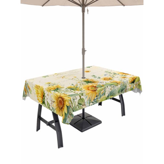 Outdoor Tablecloth with Umbrella Hole for Patio/Picnic/Party/Camping, Sunflower Waterproof Table Cloth Rectangle Table Cover Washable, Summer Eucalyptus Botanical Floral Vintage (54"x 80")