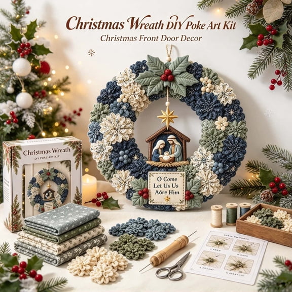 3D Fabric Poke Wreath Diy Kit, Christmas Fabric Poke Art Kits for Adults, Christmas Holiday Craft Set, Handmade Wreath for Home Door Wall Christmas Decorations