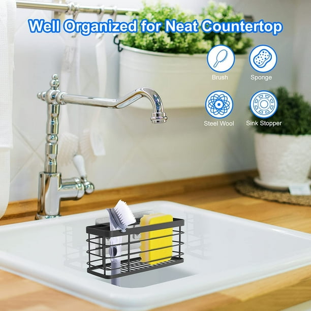 2-In-1 Kitchen Sponge Holder Brush Holder, Adhesive Sponge Holder, Rustproof 304 Stainless Steel Sink Caddy Storage Rack, Kitchen Sink Organizer Basket for Sink Stopper, Brush, No Drilling