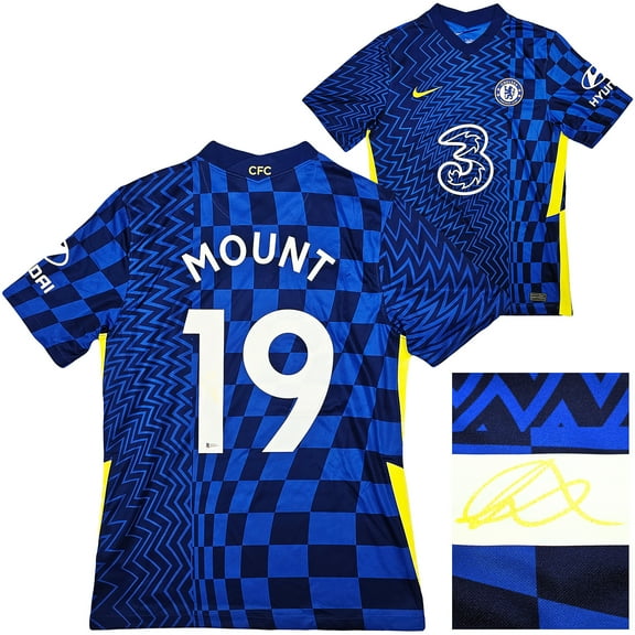 Chelsea F.C. Mason Mount Autographed Blue Nike Jersey Size M in Gold Beckett BAS 196481