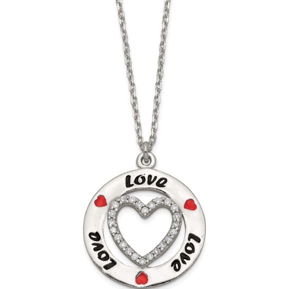 Sterling Silver Polished Enamel Cz Heart Love Necklace Made In India qg4039-18
