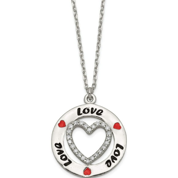 Sterling Silver Polished Enamel Cz Heart Love Necklace Made In India qg4039-18