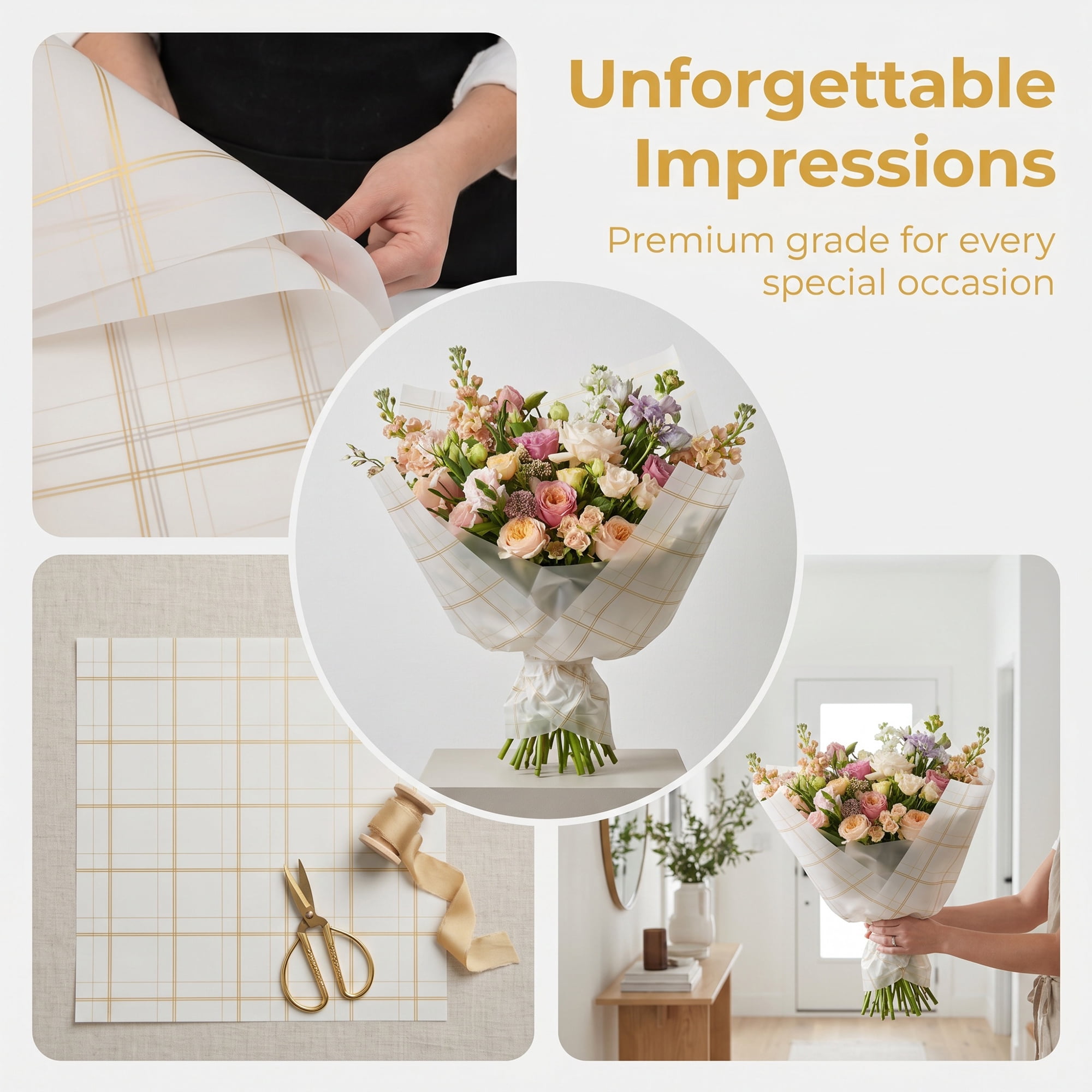 Unique Bargains Luxury Plaid Waterproof Gift Wrap Paper for Bouquets White 22.4"x 22.4"