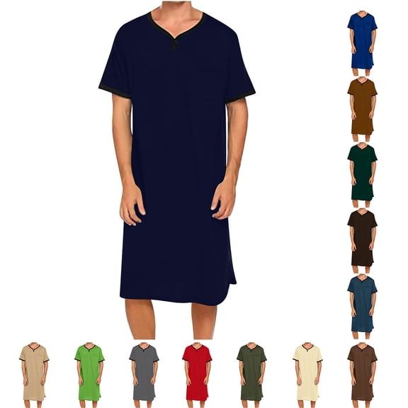 Men's Casual Fashion Short Sleeve Nightdress Long Gown V-Neck Collar Blouse Tops Shirt