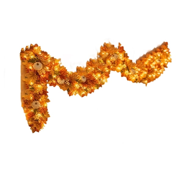 Artificial Maple Leaf Garland With White Berries Pumpkin Ornaments, Hanging Fall Halloween Thanksgiving Foliage Decor For Indoor Home Wall Door Autumn Harvest Color 175