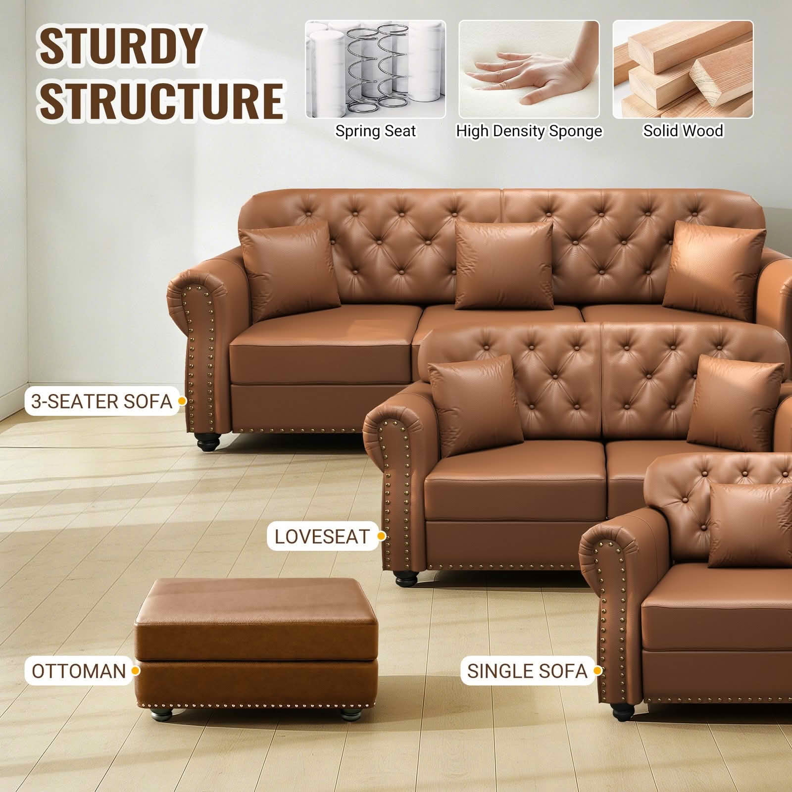 MAYEERTY 82.6" Upholstered Faux Leather 3‑Seater Chesterfield Sofa Set with 3 Ottomans, Mid‑Century Modern Couch with Button Tufted, Nailhead Trim & Rolled Armrests, Includes 3 Pillows