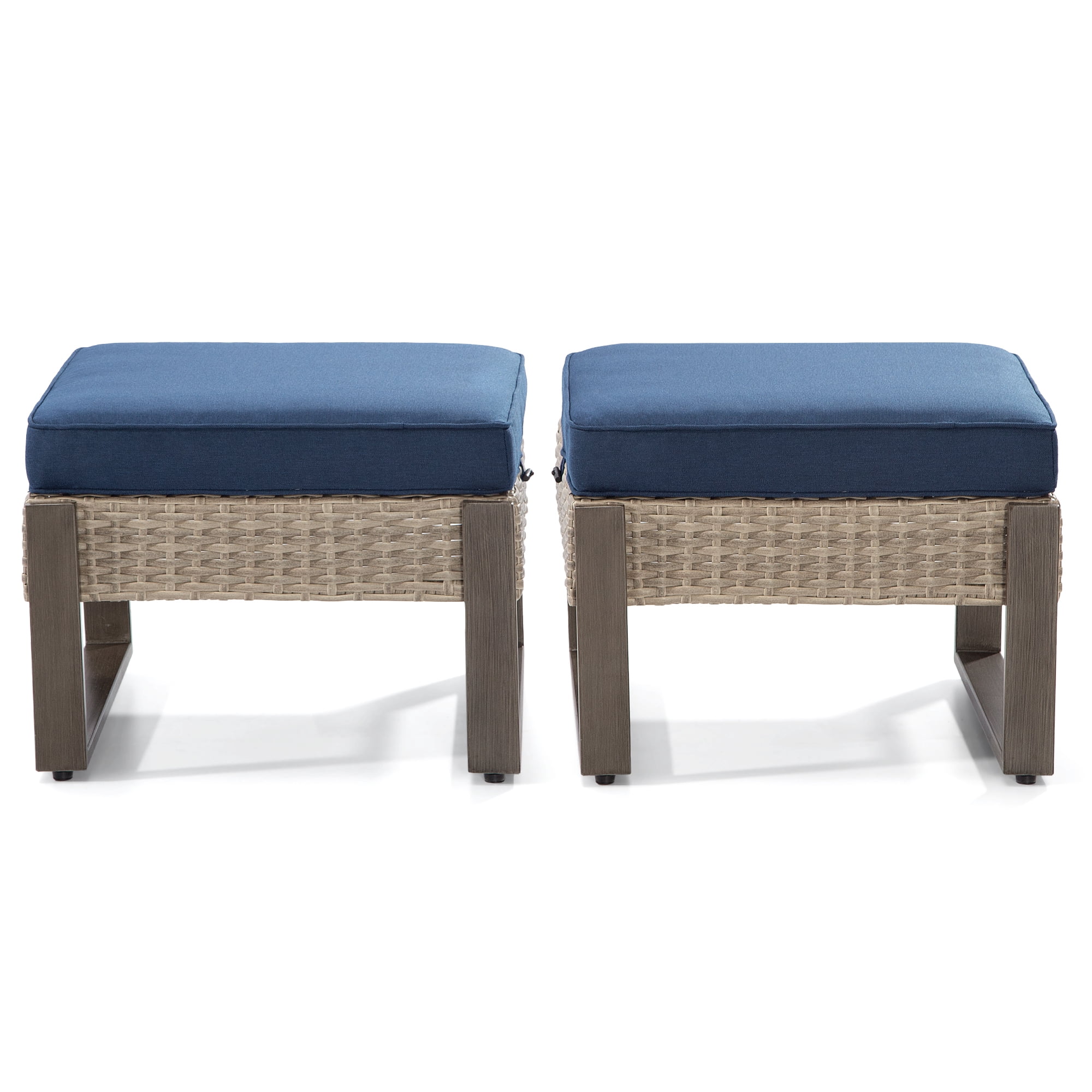 Meetleisure 2-Piece Outdoor PE Rattan Ottomans with Removable Cushions, Navy