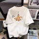 thumbnail image 1 of Camiseta de algodón de manga corta para mujer, cuello redondo, holgada, moderna, blanca, estampada, parte superior e inferior, 1 of 6