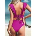 thumbnail image 4 of Women'S Ruffled One Piece Swimsuit V Neck Lace Up Rose Red M, 4 of 6