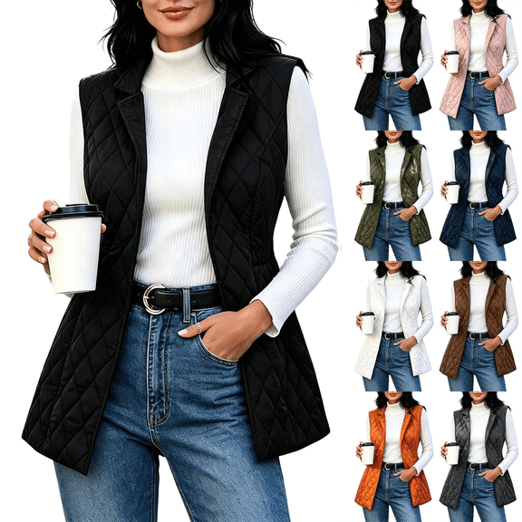 Puffer Vest for Women Casual Sleeveless Slapel Collar Cardigan Jacket with Pockets Lightweight Quilted Vest Jacket,Sizes S-3XL