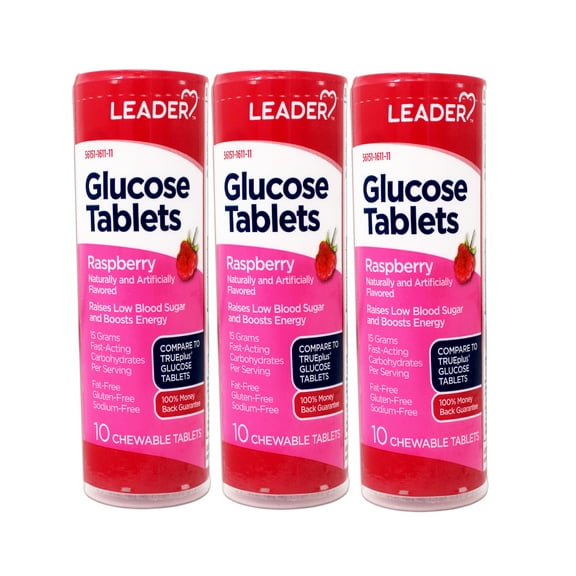 3 Pack - LEADER Glucose Tablets, Energy and Blood Sugar Support, Raspberry Flavor, 10 Count Travel Size