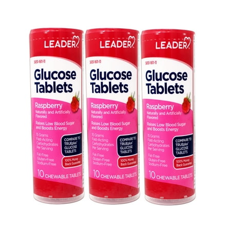 3 Pack - LEADER Glucose Tablets, Energy and Blood Sugar Support, Raspberry Flavor, 10 Count Travel Size