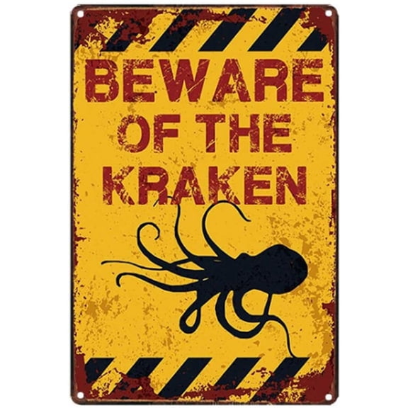 Original Retro Design Beware Of The Kraken Tin Metal Signs Wall Art, Anti-Corrosion Thick Tinplate Print Poster Wall Decoration Sign