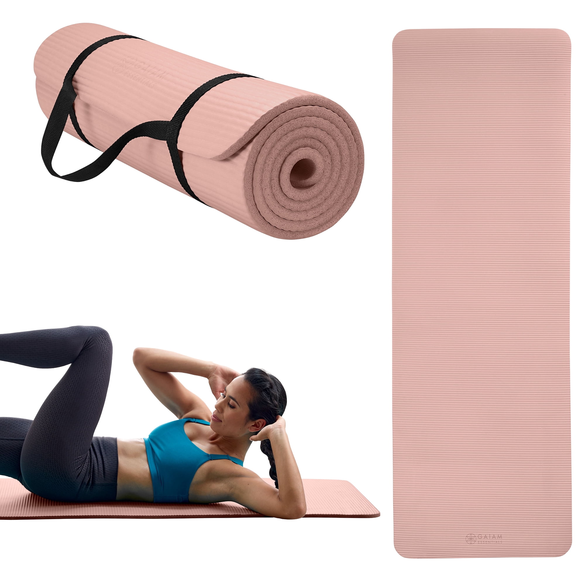Gaiam Essentials Thick 10mm Yoga Mat with Easy-Cinch Carrier Strap, French Rose