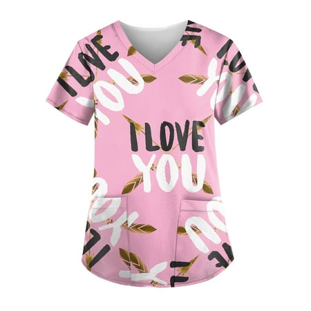 

Mlqidk Valentine s Day Printed Scrub Tops for Women Breathable Love Heart Pattern V-Neck T-Shirts Tee Scrubs Top with Pockets