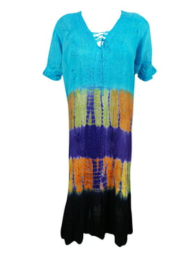 Mogul Women's Long Dress Corset Style Embroidered Caftan Tie Dye Colorful Hippie Dresses