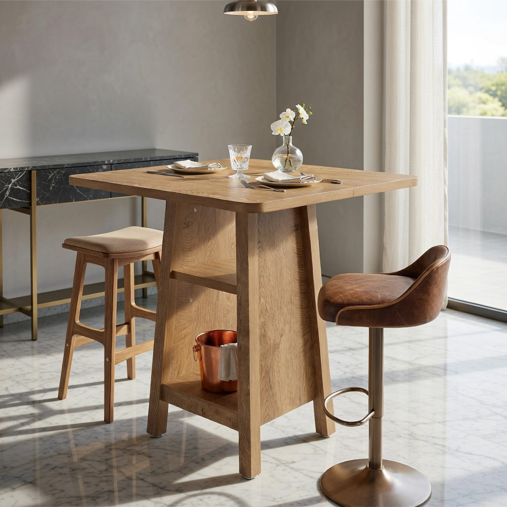 Hommoo Modern Square Bar Table with 3-Tier Open Shelving, for Kitchen, Living Room or Apartment Dining, Walnut
