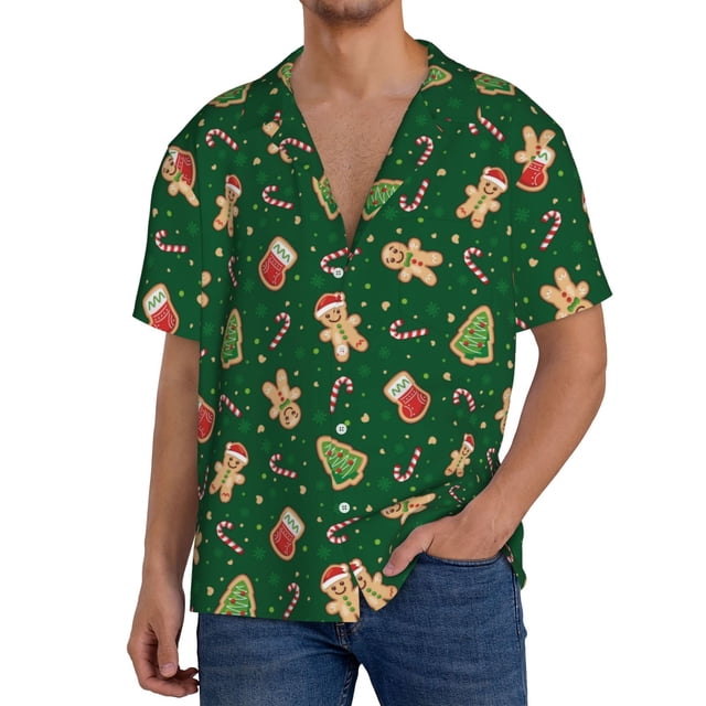 Balery green Christmas Element Camisa Casual de Manga Corta con Botones para Hombre, Texturizada, Estilo Cubano, para Playa, Verano-Medium