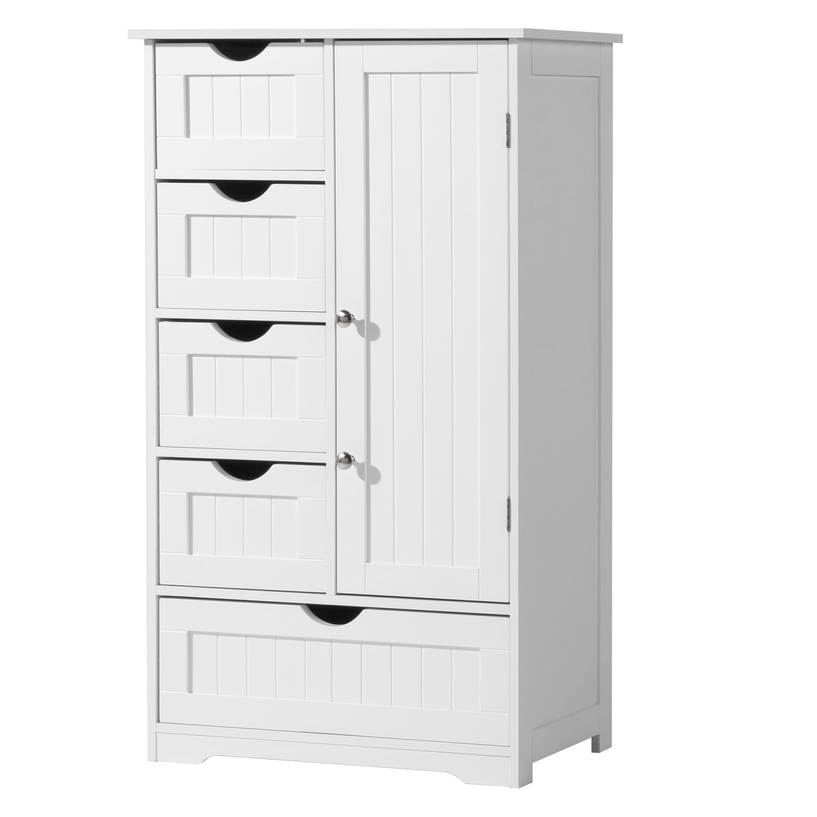 Ktaxon Wooden Bathroom Floor Cabinet, Side Storage Organizer with 5 Drawers, 1 Cupboard & 2-Shelves, White