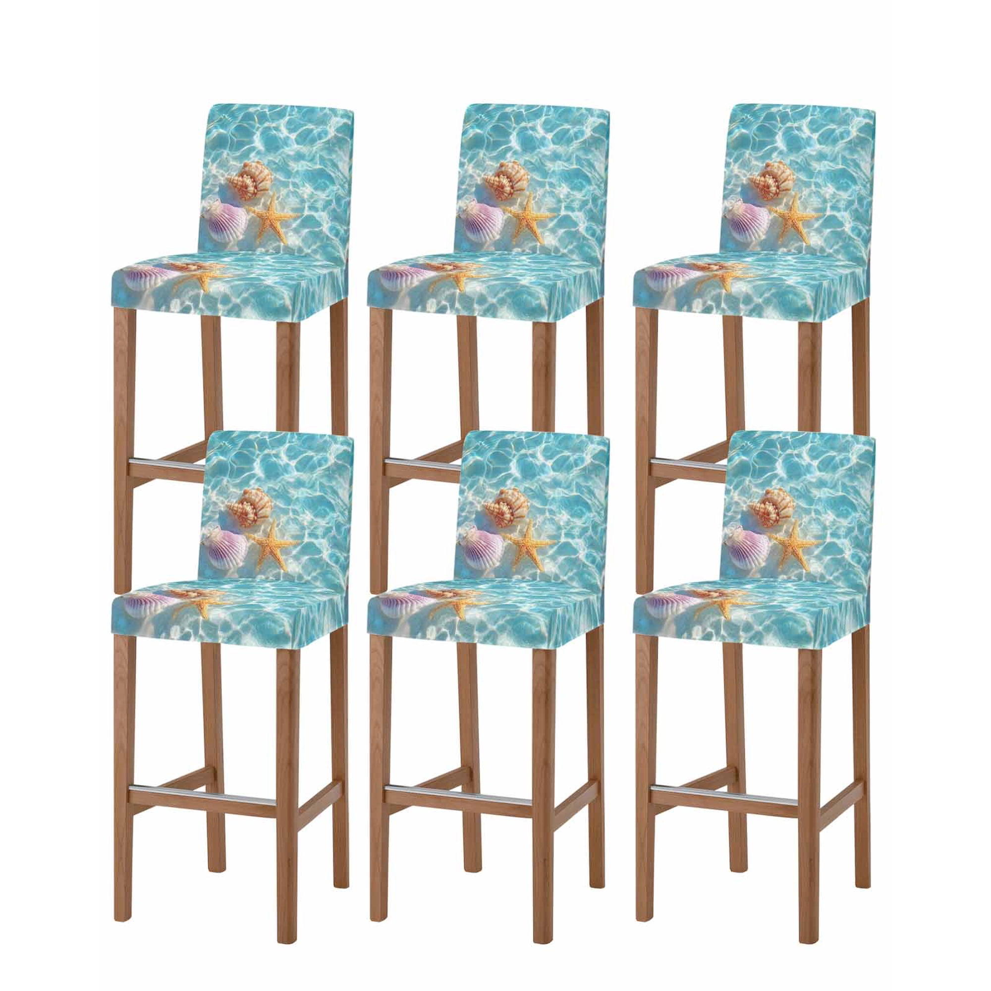 Teal Blue Summer Beach Bar Stool Covers Set of 6 Coastal Waves Starfish Conch Shell Stretch Bar Chair Covers with Backs Removable Pub Counter Height Chair Cover for Kitchen Dining Room Cafe