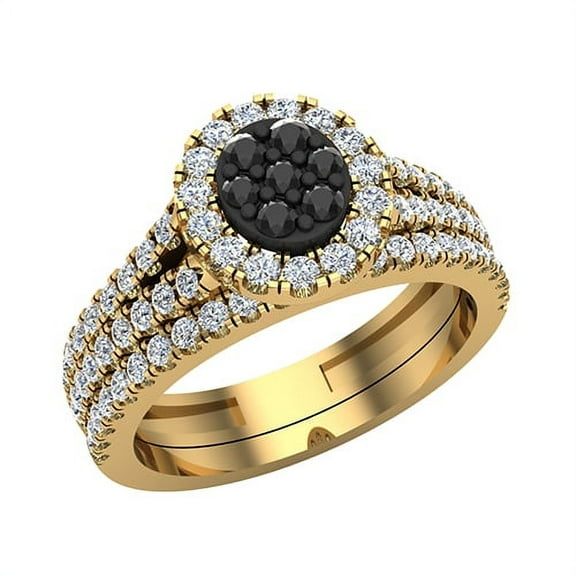 Black Diamond Wedding Ring Set for Women Cluster Diamond Halo Rings 14K Yellow Gold 0.90 ct glitz design