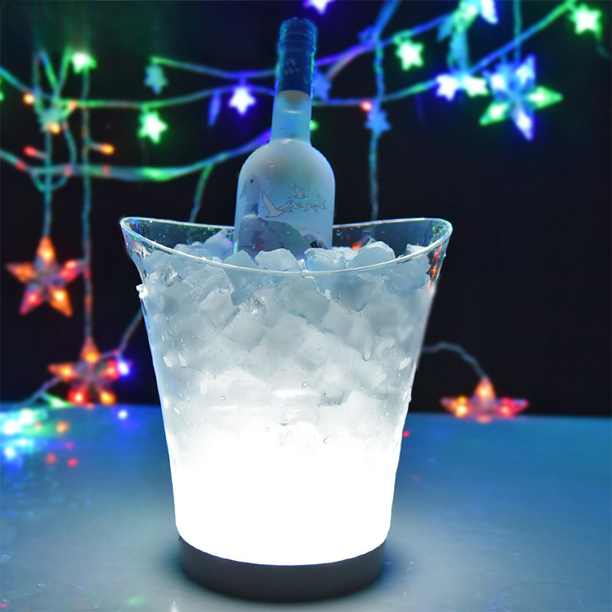 Cubo de hielo luminoso de plástico transparente con doble asa, modelo privado, cubo de hielo luminoso colorido, cubo de hielo luminoso redondo de plástico