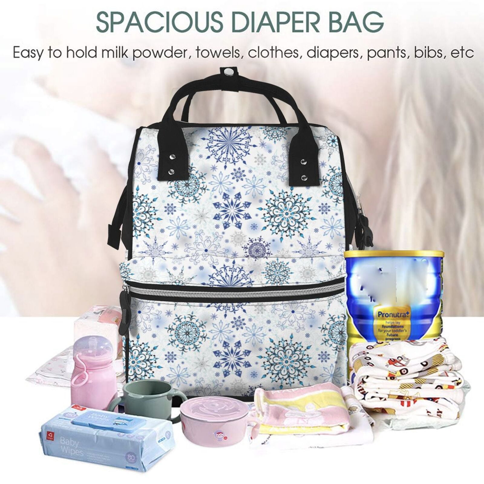 Ratiio Retro ice blue snowflakes Mummy Backpack - Waterproof Twill Canvas, Large Capacity Diaper Bag with Multiple Pockets and Adjustable Straps