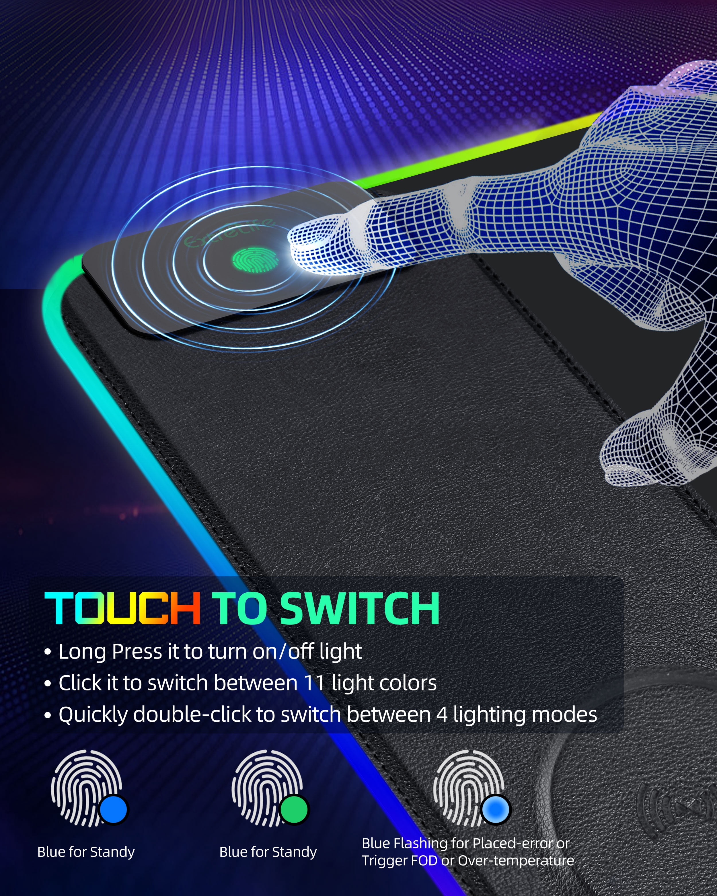 Extrelife RGB Gaming Mouse Pad with Magnetic Wireless Charger, 11 Lights Modes, LED Mouse Mat 15W Fast Charging for Home, Office, School