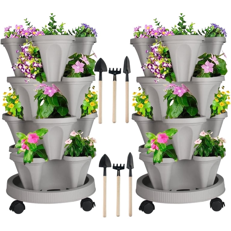 Gamexcel 4-Tier Stackable Vertical Garden Planter, Gray, Set of 2 photo 1